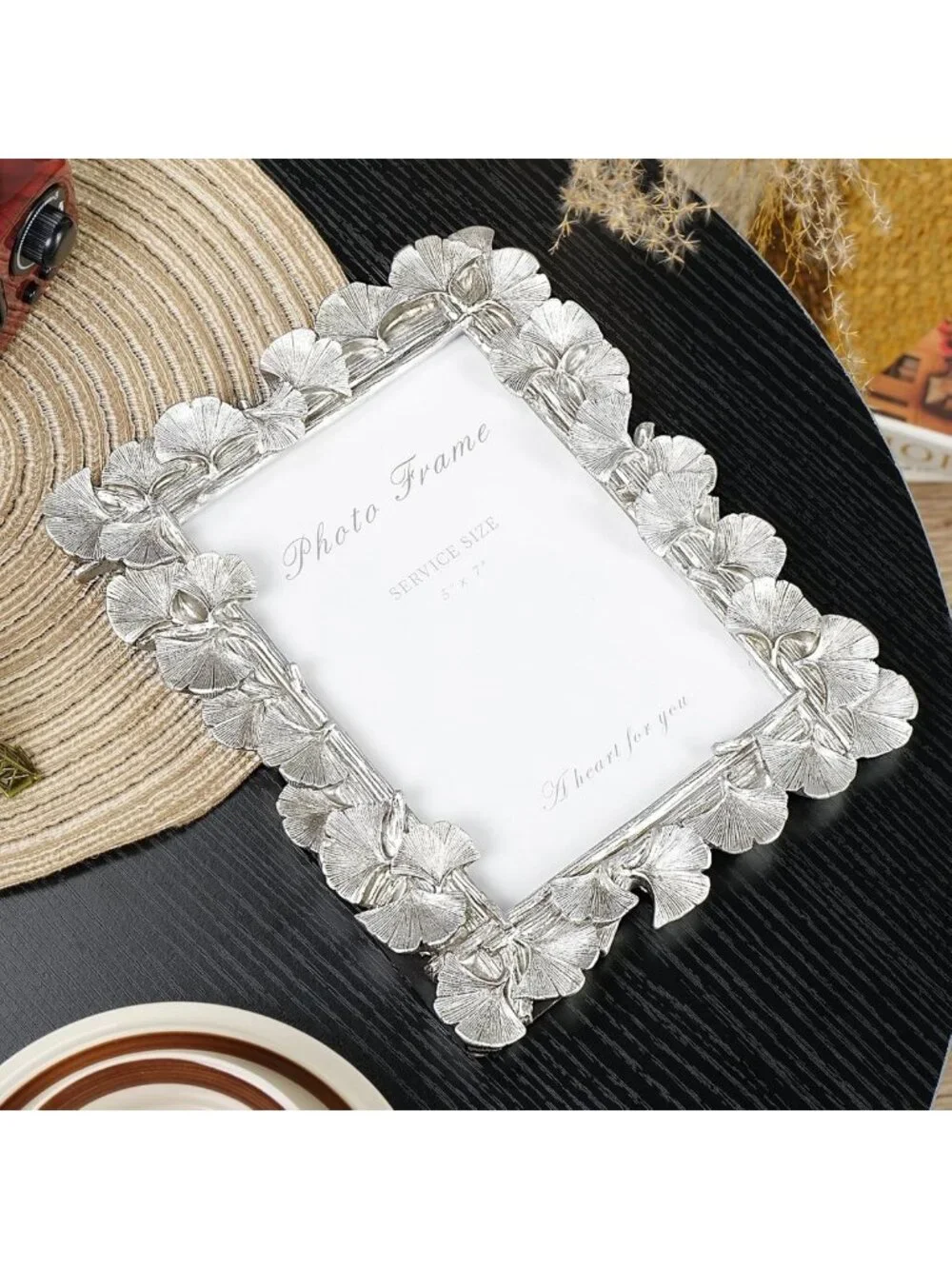 Vintage Silver 5x7 Picture Frame, Ornate Leaf Design, Handcrafted Resin, Retro